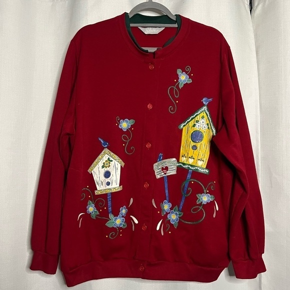 Vintage Blair Red and Yellow Birdhouse Cardigan Sweater XXL - Picture 9 of 9